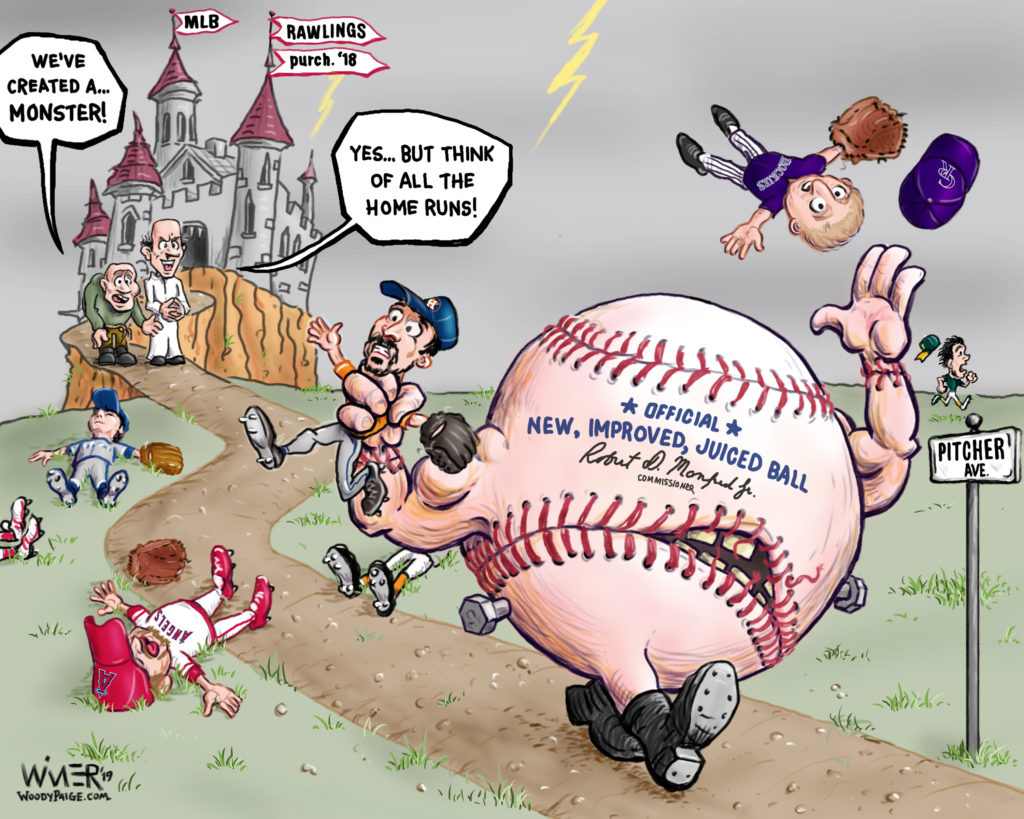 major league baseball-mlb-baseball-baseballs-juiced-juiced ball-juiced baseball-justin verlander-pete alonso-rob manfred-rawlings-home runs-statistics-stats-cartoon-meme-mlb players association-