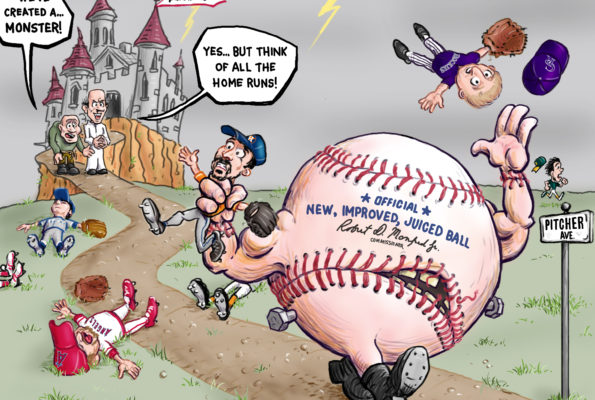 major league baseball-mlb-baseball-baseballs-juiced-juiced ball-juiced baseball-justin verlander-pete alonso-rob manfred-rawlings-home runs-statistics-stats-cartoon-meme-mlb players association-