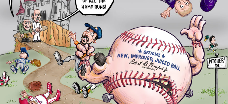 major league baseball-mlb-baseball-baseballs-juiced-juiced ball-juiced baseball-justin verlander-pete alonso-rob manfred-rawlings-home runs-statistics-stats-cartoon-meme-mlb players association-